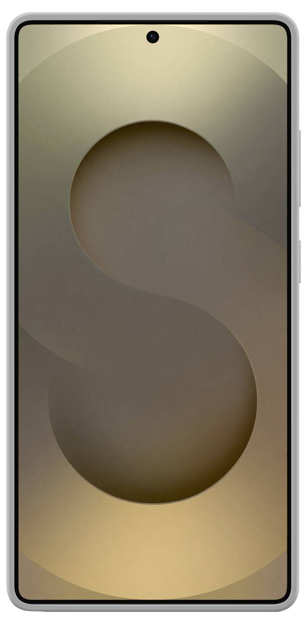 Smartphone mit großem Bildschirm, zentrierter Frontkamera und goldfarbenem Hintergrund mit geschwungenem 'S'-Muster.