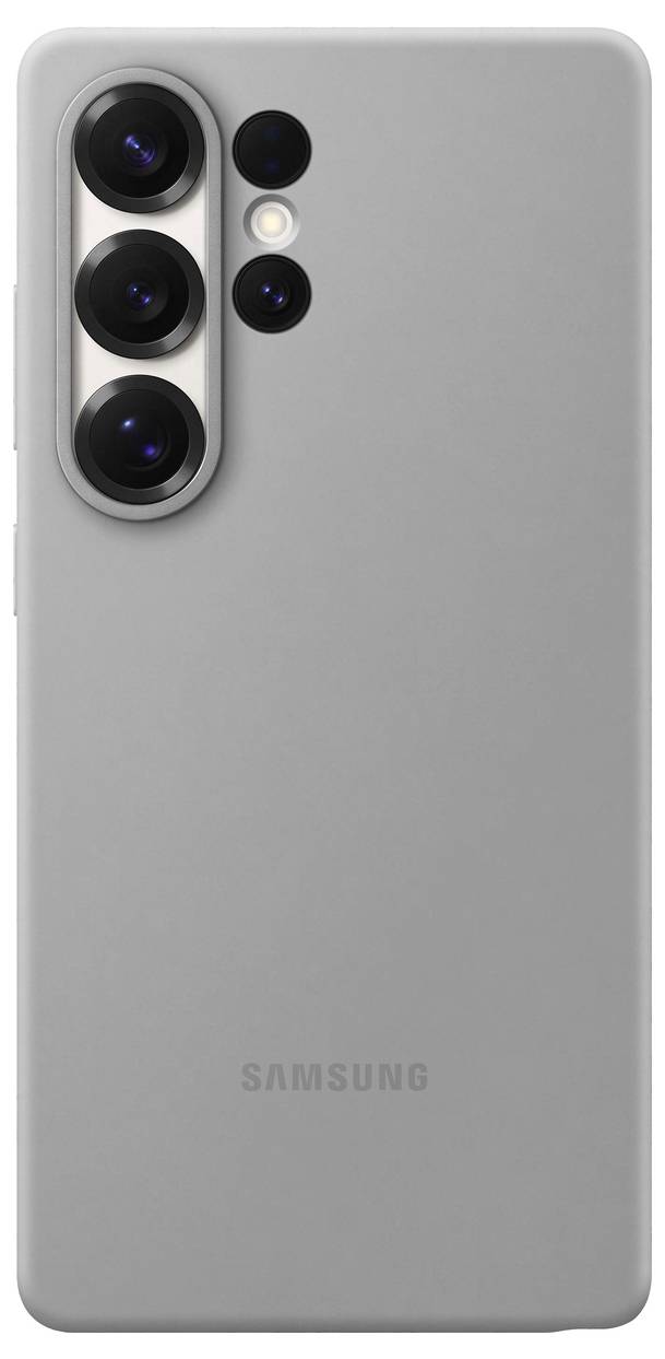 Smartphone mit drei Kameralinsen auf der Rückseite in grauem Gehäuse, Markenname 'Samsung' unten sichtbar.