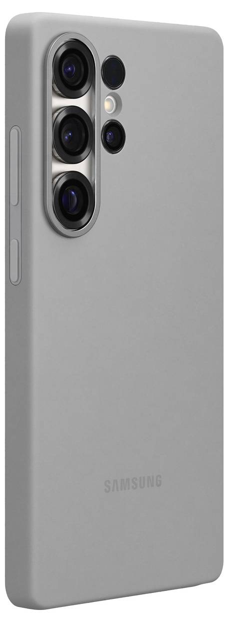 Smartphone mit grauer Rückseite und vier Kameralinsen oberhalb des Samsung-Logos.