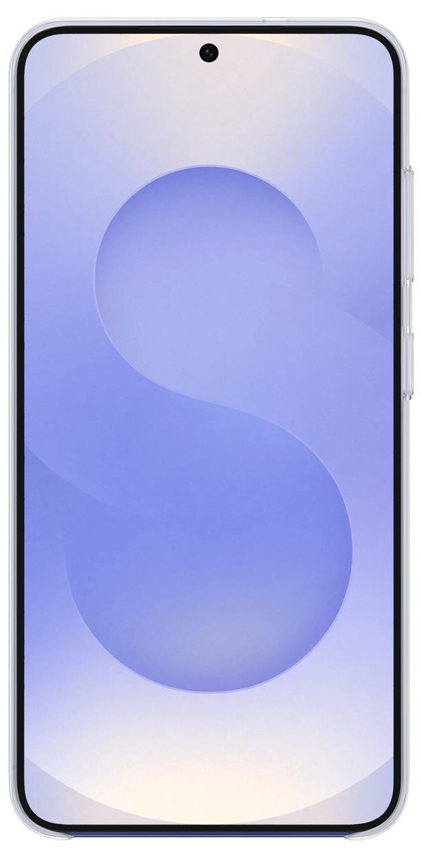 Smartphone mit großem Display und schmalem Rahmen, Vorderkamera oben mittig. Hintergrund zeigt ein abstraktes, blaues 'S'-Muster.