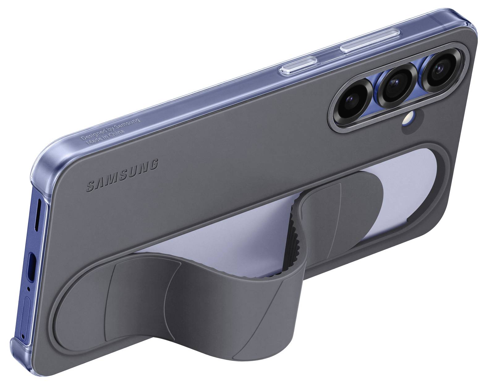 Ein Smartphone in einer eleganten Hülle mit integriertem Ständer, das für einfachen Zugang zu Anschlüssen und Kameralinsen gestaltet ist.