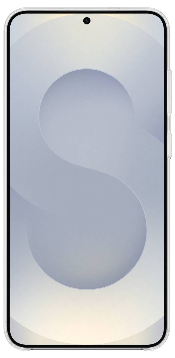 Smartphone mit einer abstrakten 'S'-Form auf dem Bildschirm, welche in Grau- und Blautönen gehalten ist.