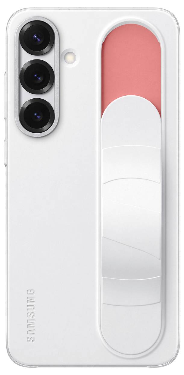 Ein Smartphone in Weiß mit drei Kameralinsen und einem roten Akzent auf der Rückseite. Die Marke 'Samsung' ist unten sichtbar.