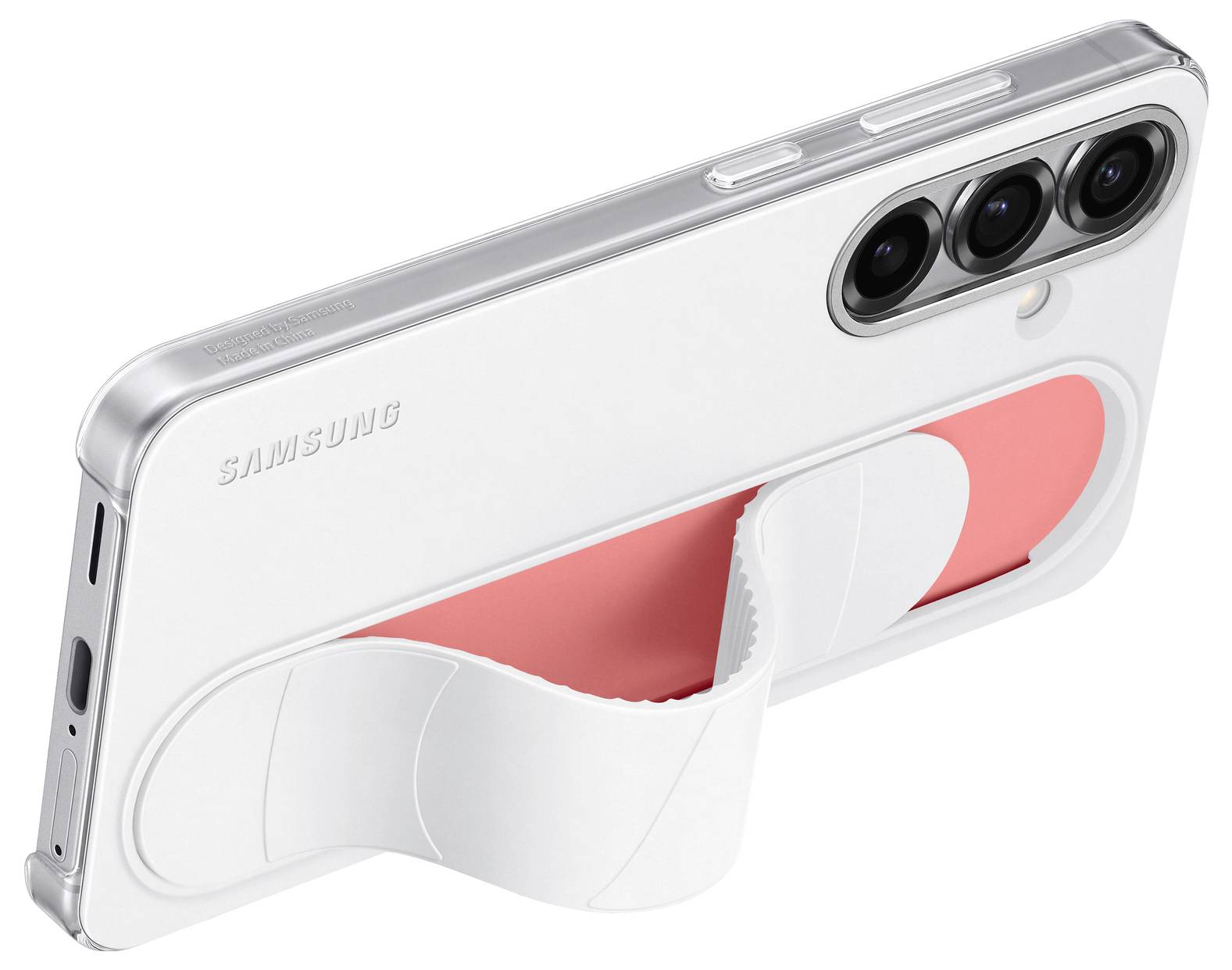 Ein weißes Smartphone mit drei Kameralinsen und einer auffälligen Haltevorrichtung auf der Rückseite in Rot und Weiß.