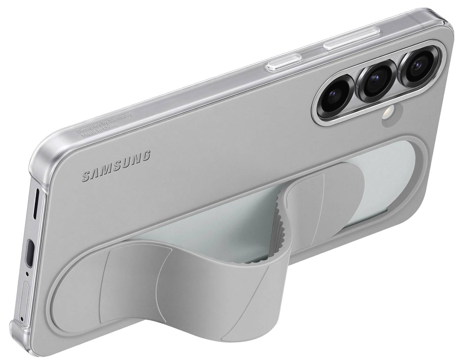 Ein silbernes Smartphone mit drei Kameralinsen und einem integrierten Ständer auf der Rückseite, der das Gerät in leicht angewinkelter Position hält.