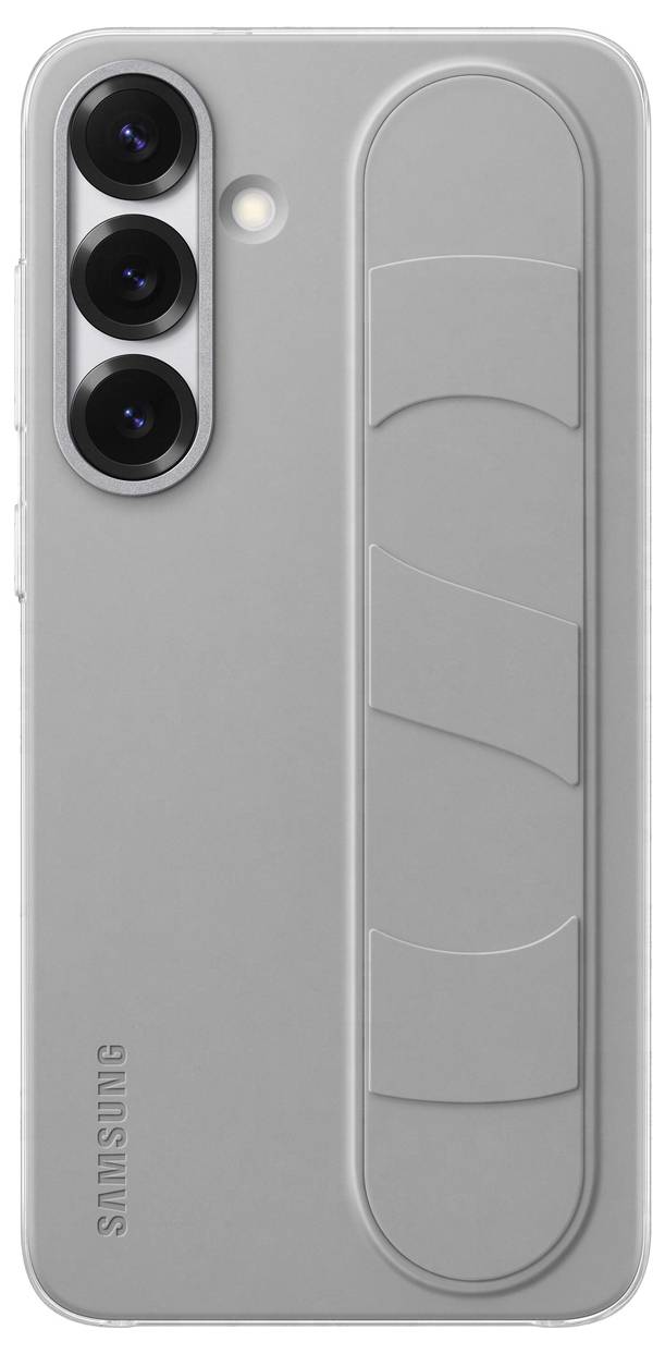 Rückseite eines grauen Smartphones mit drei Kameras und einem strukturierten Griffbereich.