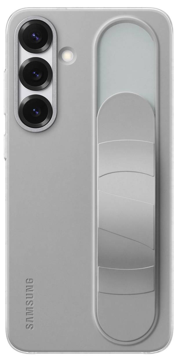 Graues Smartphone mit drei vertikalen Kameralinsen und einem Kickstand auf der Rückseite.