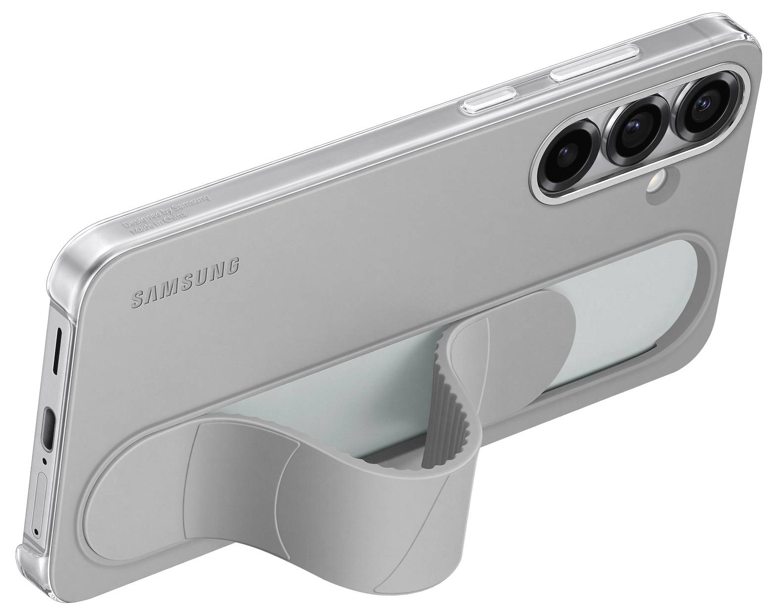 Ein silbernes Smartphone mit integriertem Ständer zeigt drei Kameralinsen und einen USB-C-Anschluss an der Seite.