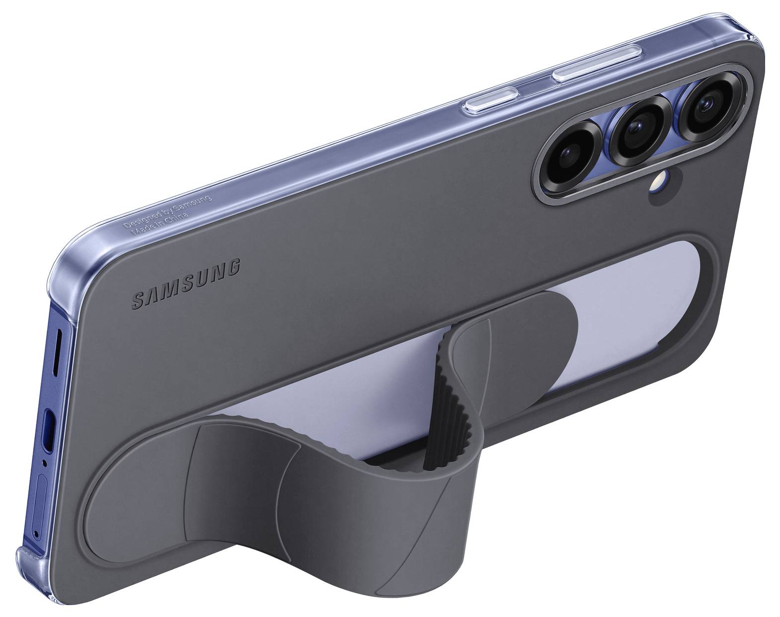 Smartphone in einer Schutzhülle mit integriertem Ständer, der es ermöglicht, das Gerät schräg aufzustellen, Rückansicht mit drei Kameralinsen.