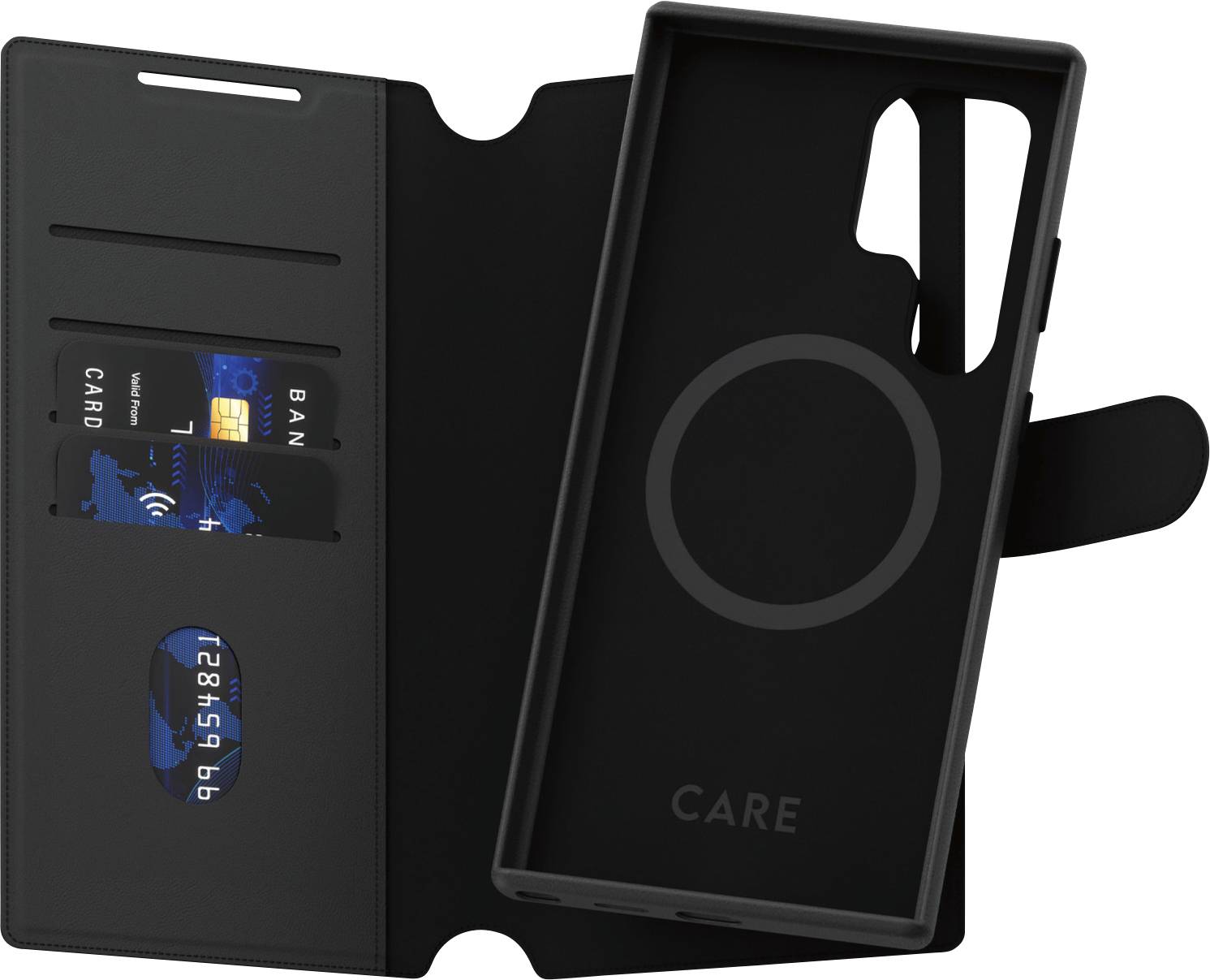 Schwarze Handyhülle mit Kartenfächern und integriertem kreisförmigem Magnet. Links Steckplatz für zwei Karten.