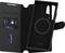 Schwarze Handyhülle mit Kartenfächern und integriertem kreisförmigem Magnet. Links Steckplatz für zwei Karten.