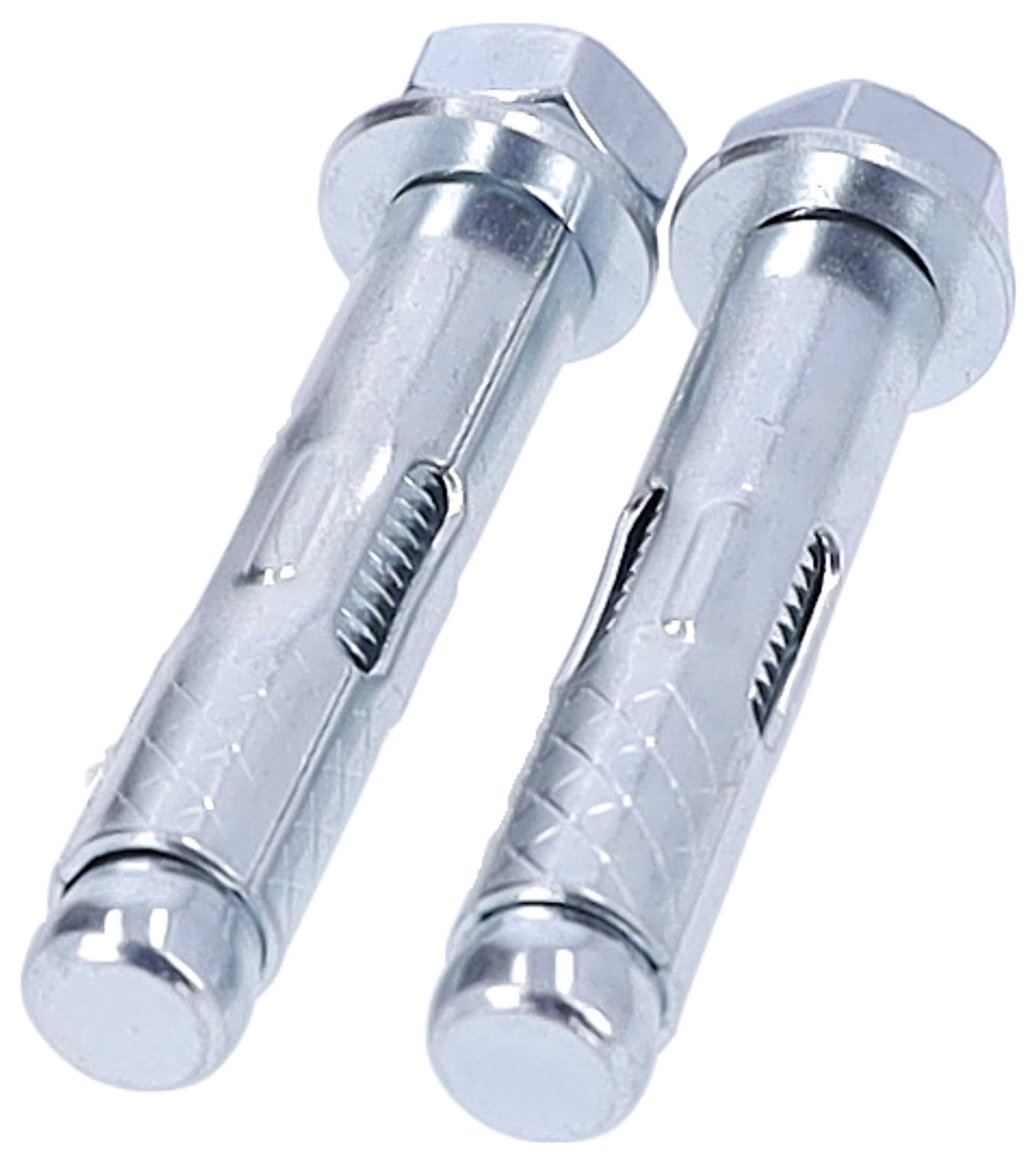 Zwei silberne Metalldübel nebeneinander, geeignet für Befestigungen in Wänden. Sie haben eine sechseckige Mutter am Ende.