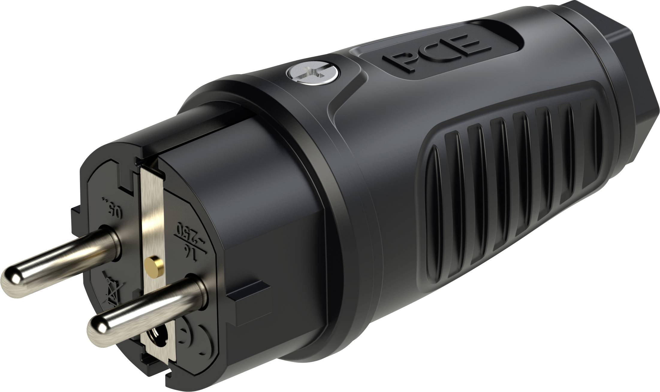 Ein schwarzer Schuko-Stecker mit dickem Griff und zwei Metallstiften, für den Anschluss an europäische Steckdosen geeignet.