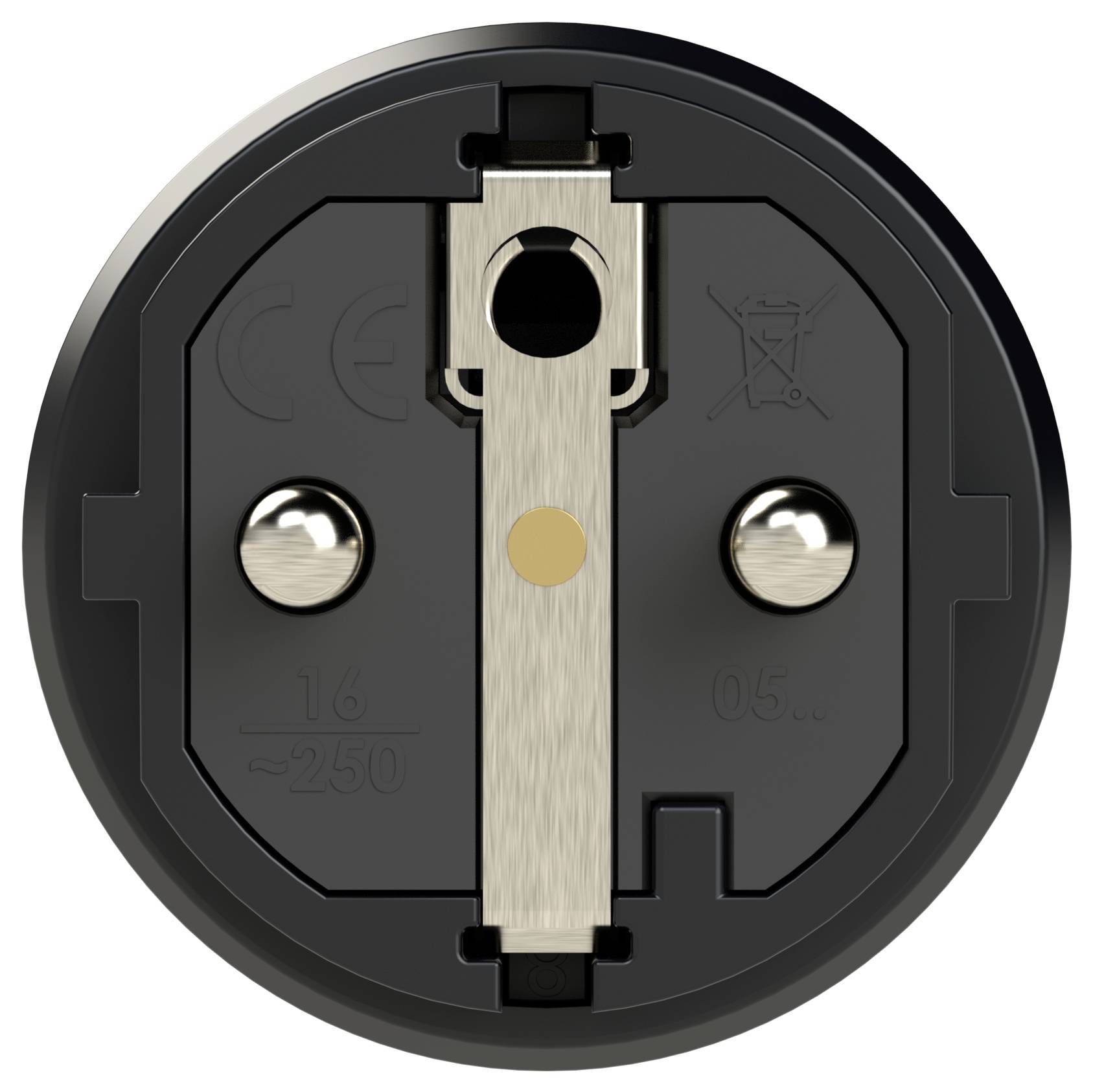 'Schukostecker, zweipolig, runde Form mit Schutzkontakt, geeignet für 16 Ampere und 250 Volt.'