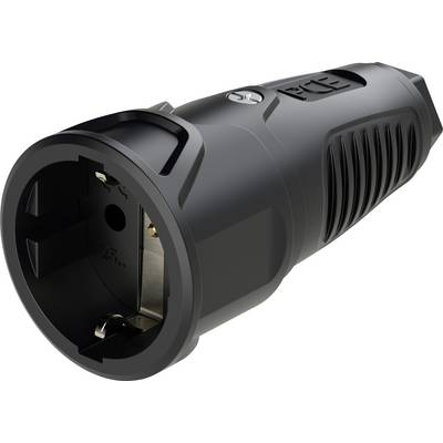 Ein schwarzer, zylindrischer Anschlussadapter für Elektrogeräte mit rutschfester Oberfläche und robustem Design.