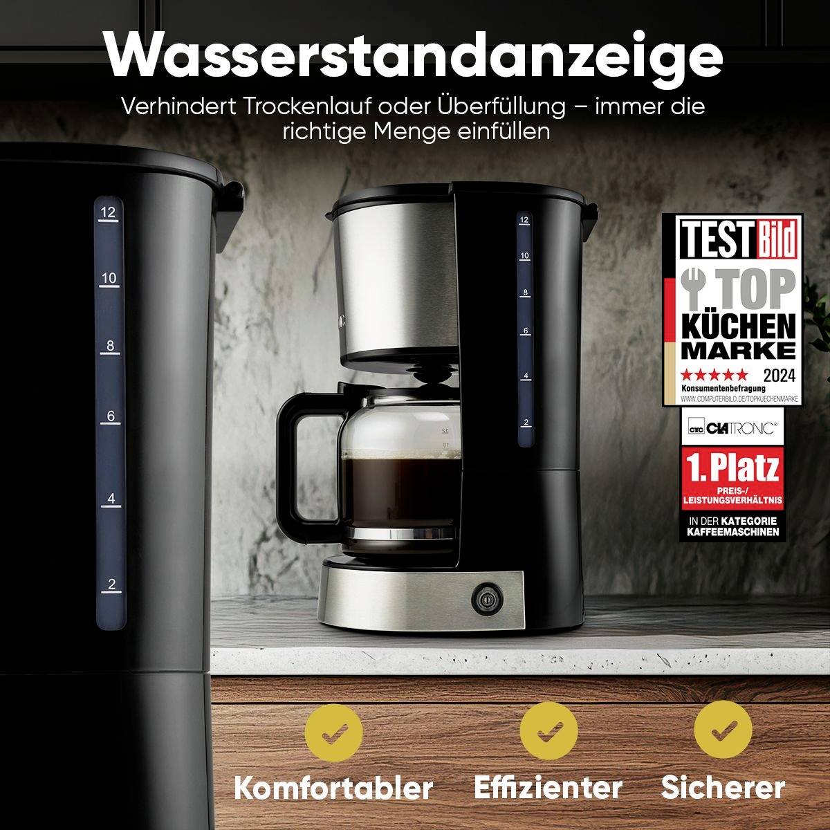 'Kaffeemaschine mit Wasserstandanzeige, verhindert Trockenlauf. Testbild-Auszeichnung mit Platz 1 in der Kategorie Kaffeemaschinen.'