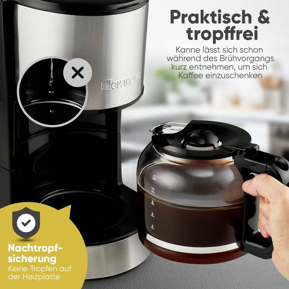 'Filterkaffeemaschine mit Glaskanne. Nachfüllbar während des Brühvorgangs. Hinweis: keine Tropfen auf der Heizplatte.'