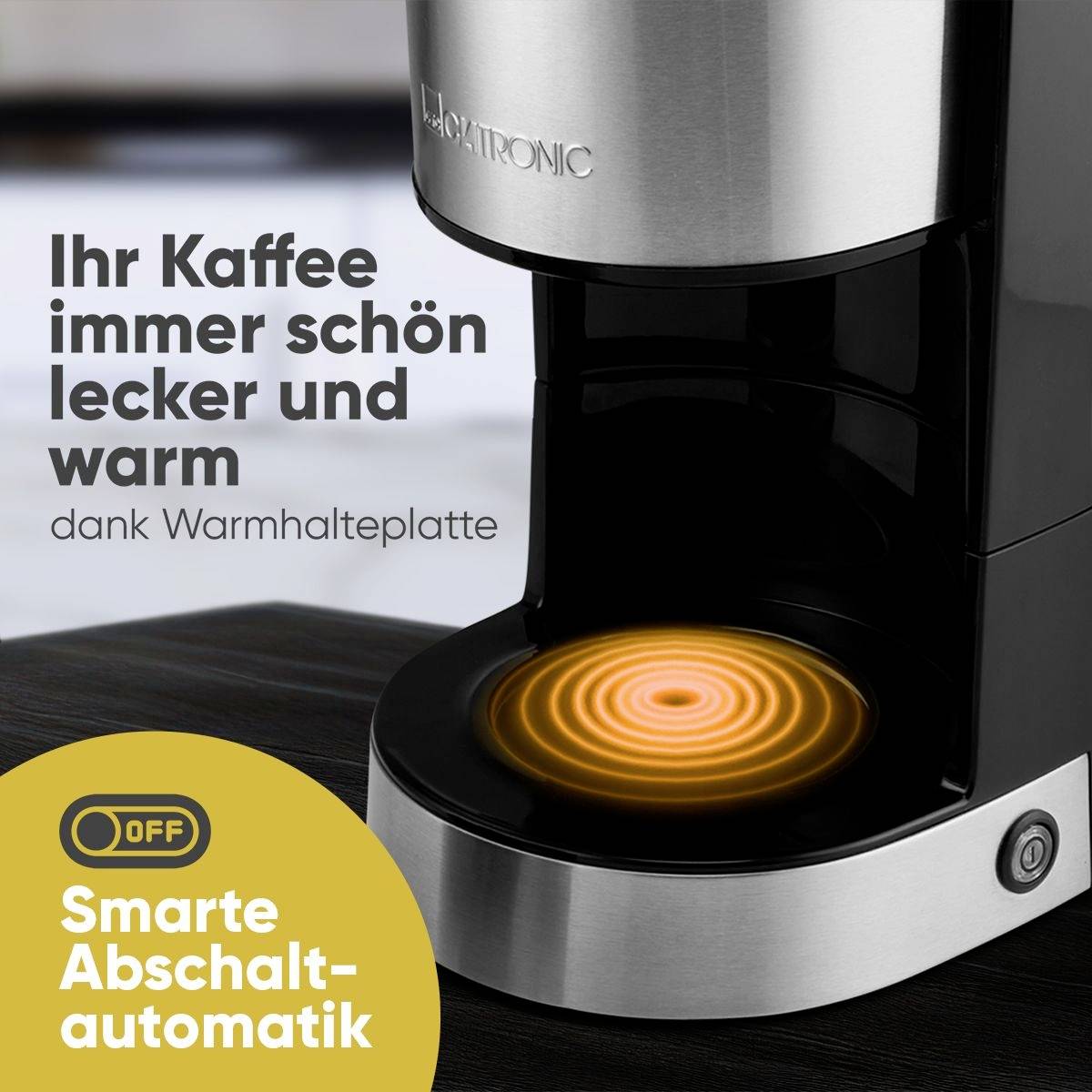 Silberne Kaffeemaschine mit leuchtender Warmhalteplatte. Text: 'Ihr Kaffee immer schön lecker und warm'. Gelbes Symbol: 'Smarte Abschaltautomatik'.