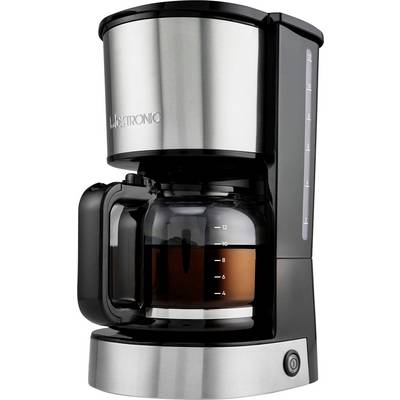 Eine silberne und schwarze Filterkaffeemaschine mit Glaskanne. Die Kanne zeigt eine Einteilung bis 12 Tassen und ist teilweise gefüllt.
