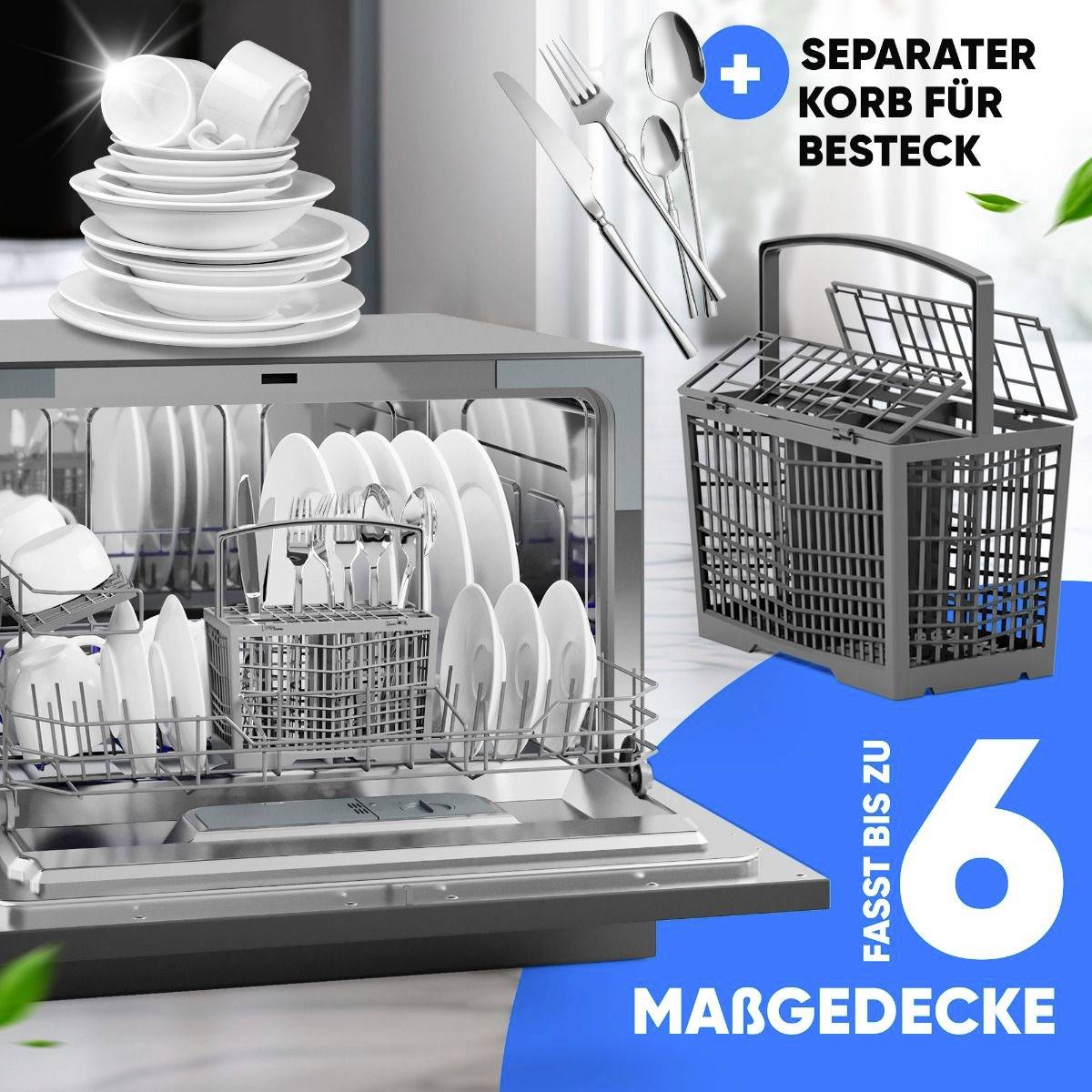 Ein geöffneter Geschirrspüler zeigt gestapeltes Geschirr und Besteck. Hinweis auf 'Separator Korb für Besteck' und 'Fasst bis zu 6 Maßgedecke'.