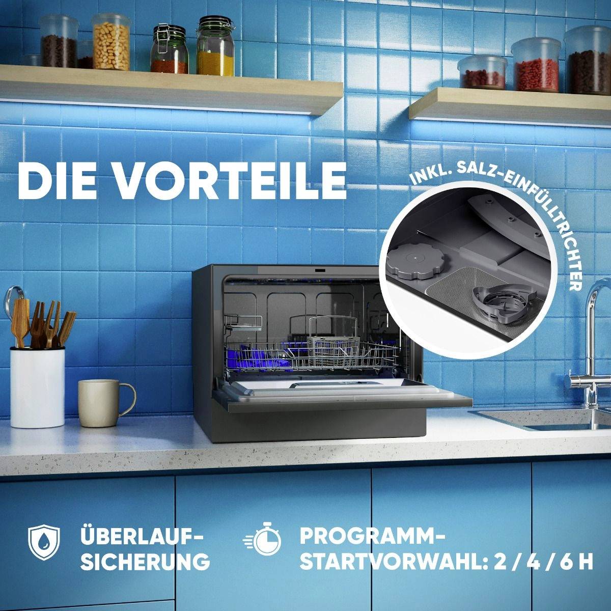Eine offene Spülmaschine auf einer blauen Küchenarbeitsplatte. Text 'DIE VORTEILE' und Symbole für Überlaufsicherung und Startvorwahl.