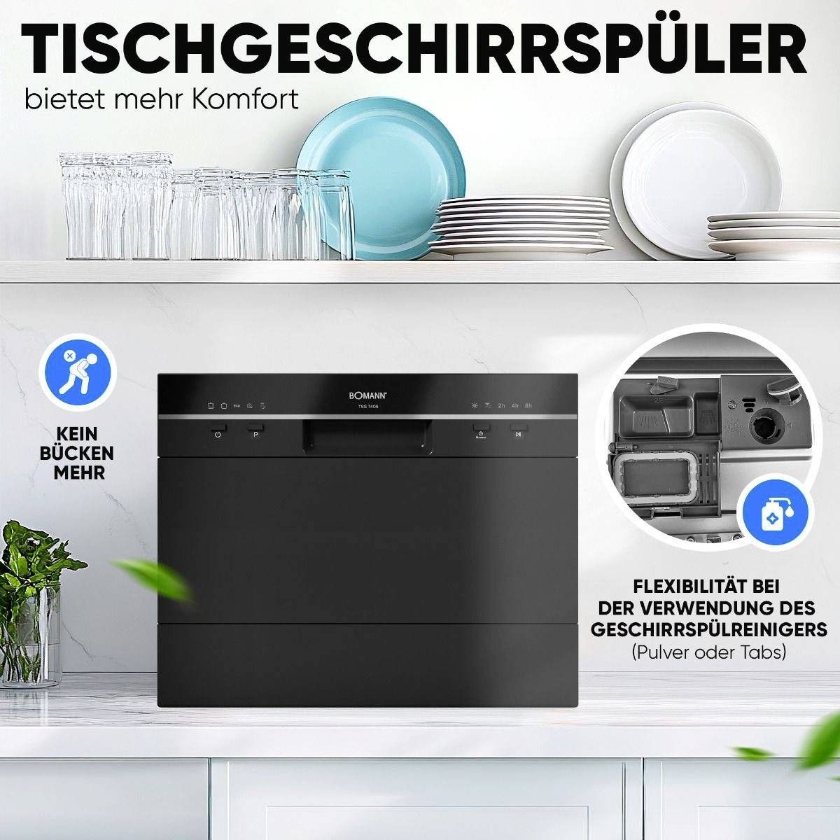 Tischgeschirrspüler in modernem Design. Hervorgehoben: Flexibilität in der Verwendung, passend für Pulver oder Tabs.