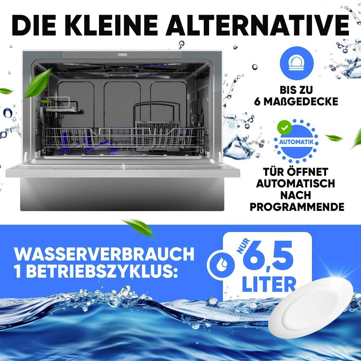 'Die kleine Alternative' zeigt einen Geschirrspüler, der bis zu 6 Maßgedecke fasst und 6,5 Liter Wasser pro Zyklus verbraucht. Automatische Türöffnung nach Programmende.
