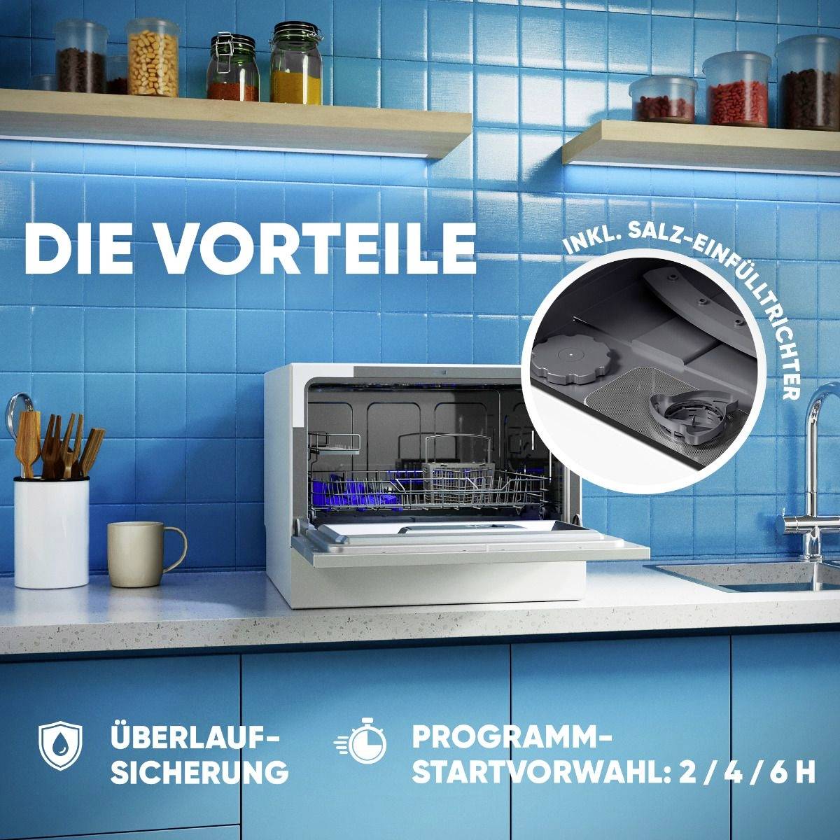 Kompakte Spülmaschine in Küche mit blauem Hintergrund, hervorgehobene Eigenschaften: Überlaufsicherung, einstellbares Startprogramm.
