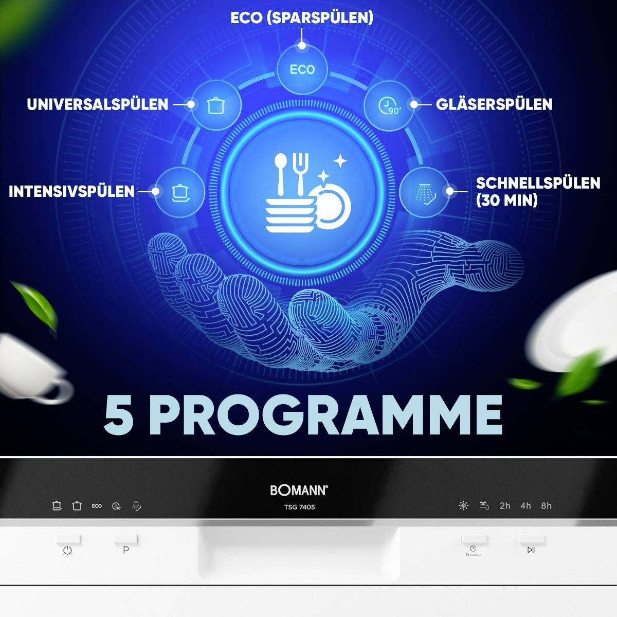 Geschirrspüler mit fünf Programmen: Eco, Universals, Intensiv, Gläserspülen und Schnellspülen. Umweltfreundlich und effizient.