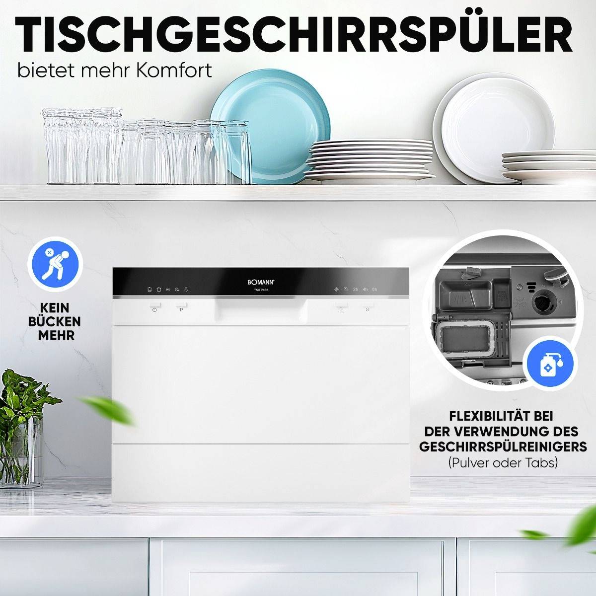 Ein Tischgeschirrspüler steht auf einer Arbeitsfläche, daneben saubere Teller und eine Pflanze. Text betont Flexibilität und Komfort.