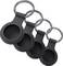 Vier schwarze Schlüsselanhänger in einer Reihe, abgerundetes Design mit jeweils einem großen Ring, geeignet für den Transport von kleinen Gegenständen.