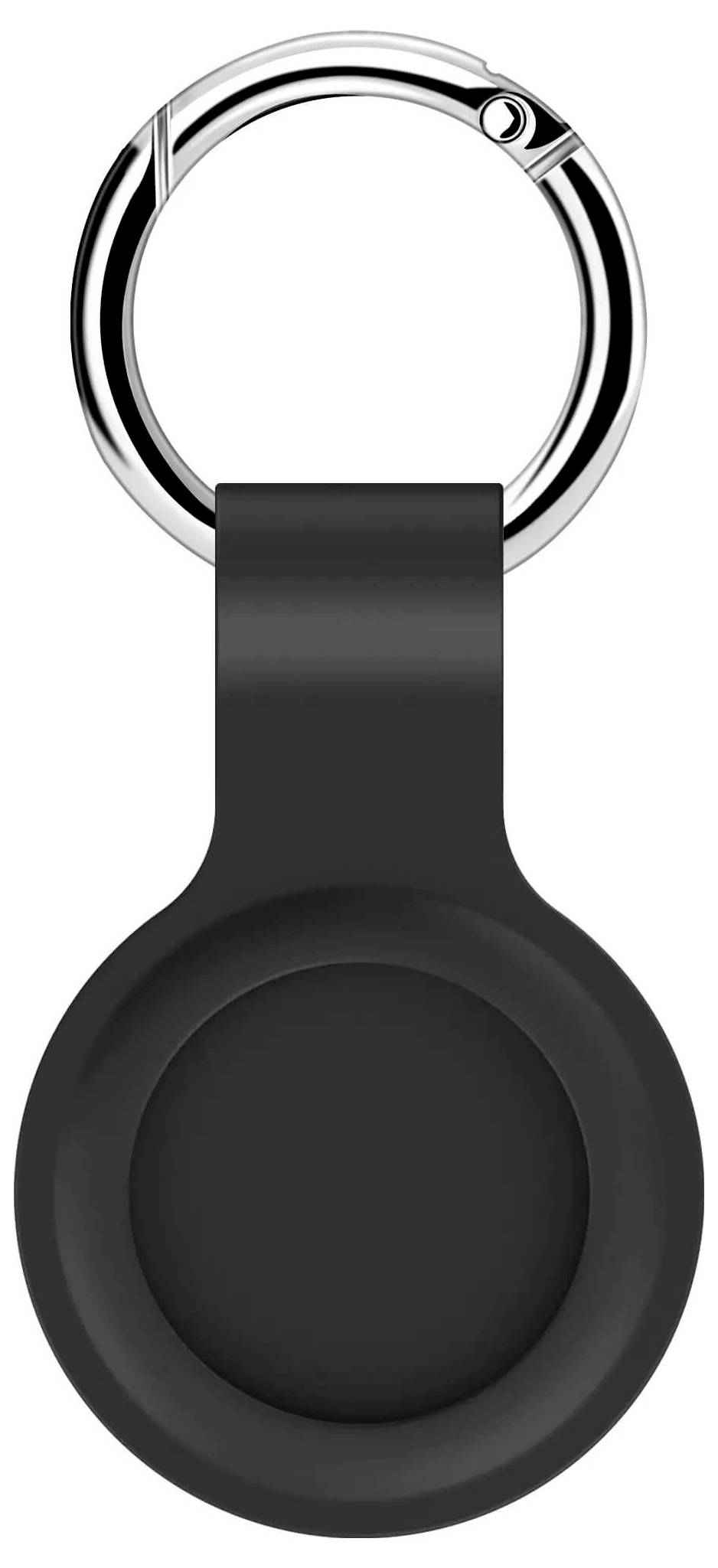 Schwarzer Schlüsselanhänger mit rundem Anhänger und silbernem Ring.