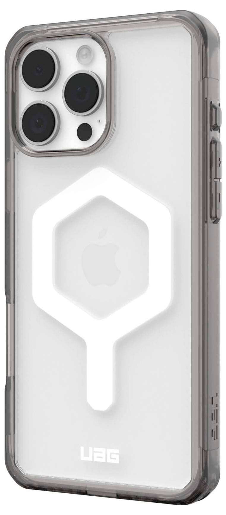 Ein transparentes Smartphone-Case mit grauem Rand und leuchtendem Hexagon-Muster auf der Rückseite schützt das Gerät.