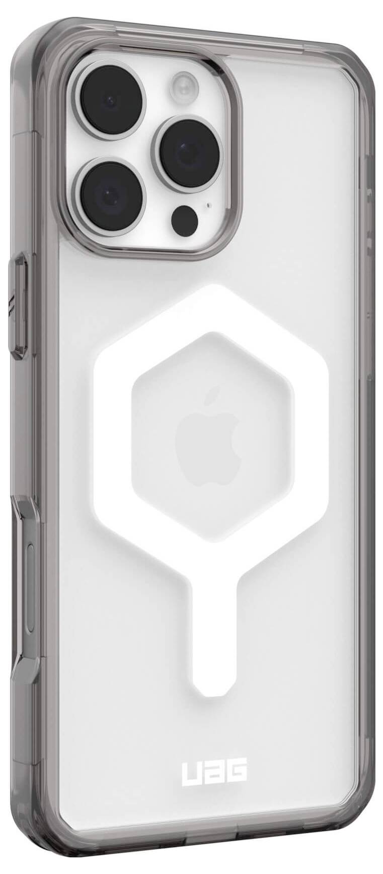 Eine transparente, stoßfeste Handyhülle zeigt die Rückseite eines Smartphones mit drei Kameraobjektiven und einem leuchtenden Symbol in der Mitte.