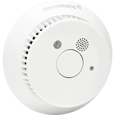 Ein weißer Rauchmelder mit einem großen zentralen Knopf und einem kleinen Lüftungsgitter, darauf steht 'homematic IP'.