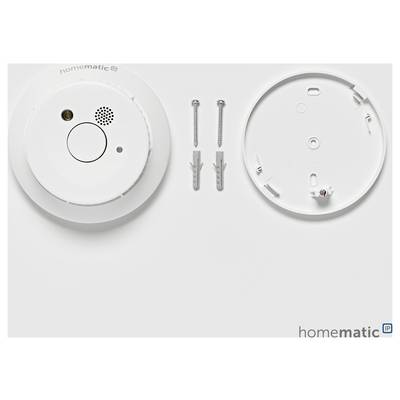 'Rauchmelder-Komponenten: Gehäuse, Basisplatte, Schrauben und Dübel. Marke: Homematic IP.'