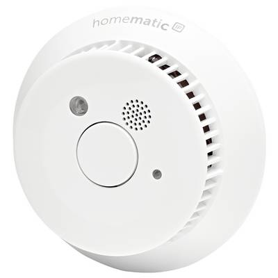 Weißer, runder Rauchmelder mit großem Knopf in der Mitte. Oben steht 'homematic IP'.