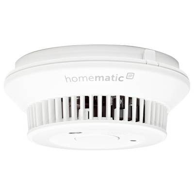 Ein weißer Rauchmelder der Marke 'homematic IP' mit einem Lüftungsgitter und einem zentralen Knopf.