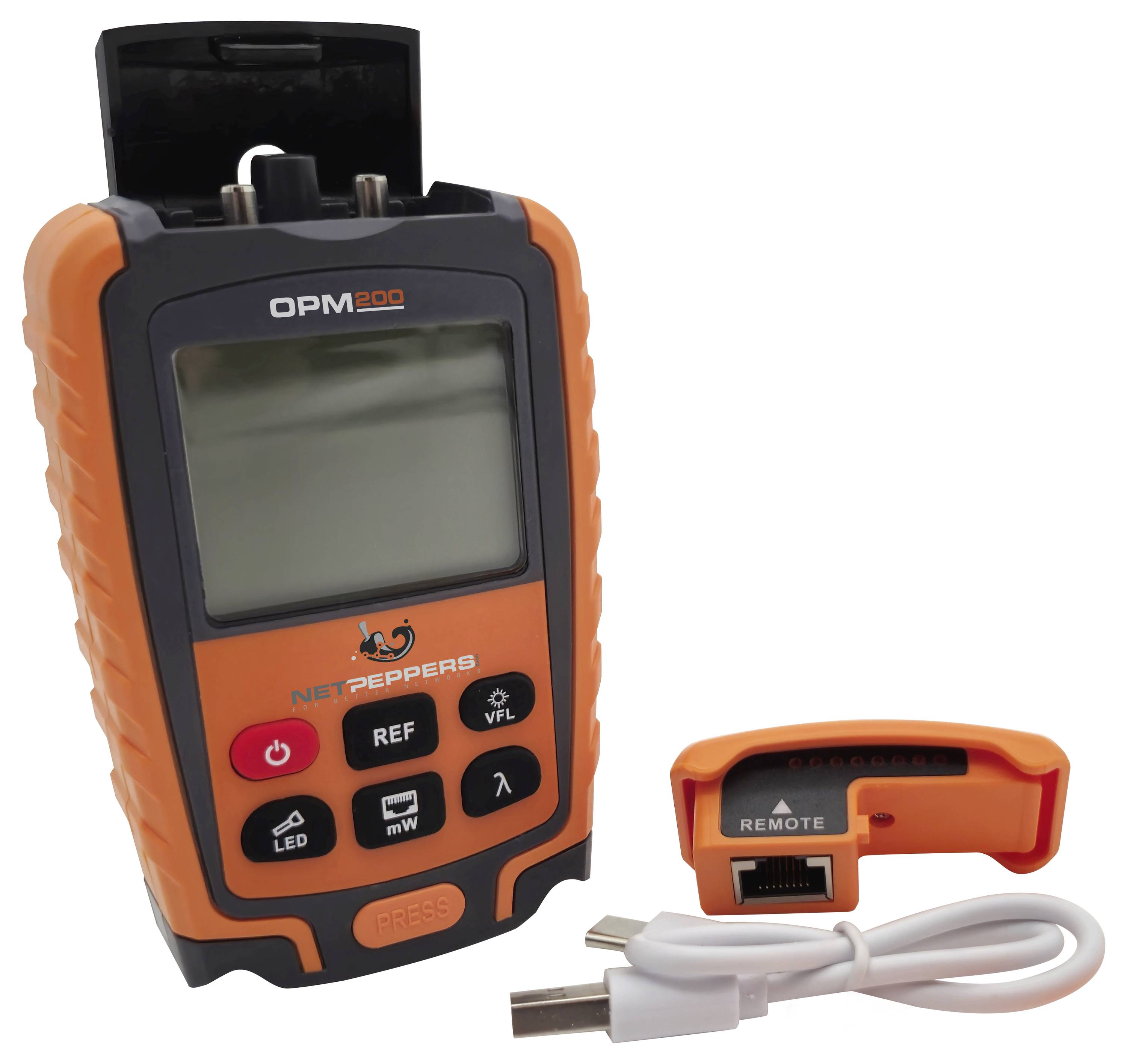 Ein optisches Leistungsmeßgerät mit orange-schwarzem Gehäuse, digitalem Display, Knöpfen und Anschlussmöglichkeiten; beinhaltet Zubehör.