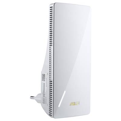 Ein weißer WLAN-Repeater der Marke ASUS mit seitlichen Lüftungsschlitzen und einem integrierten EU-Stecker.