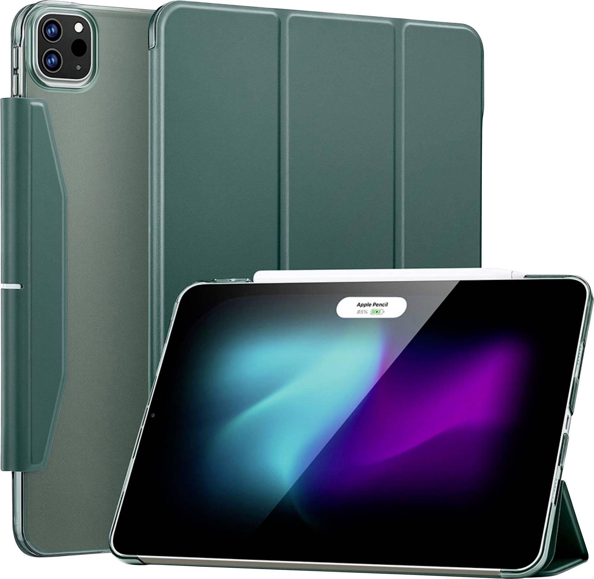 Zwei Tablet-Hüllen in Grün. Eine Hülle zeigt das Tablet von hinten, die andere von vorne mit einem leuchtenden Display und einem Stift.