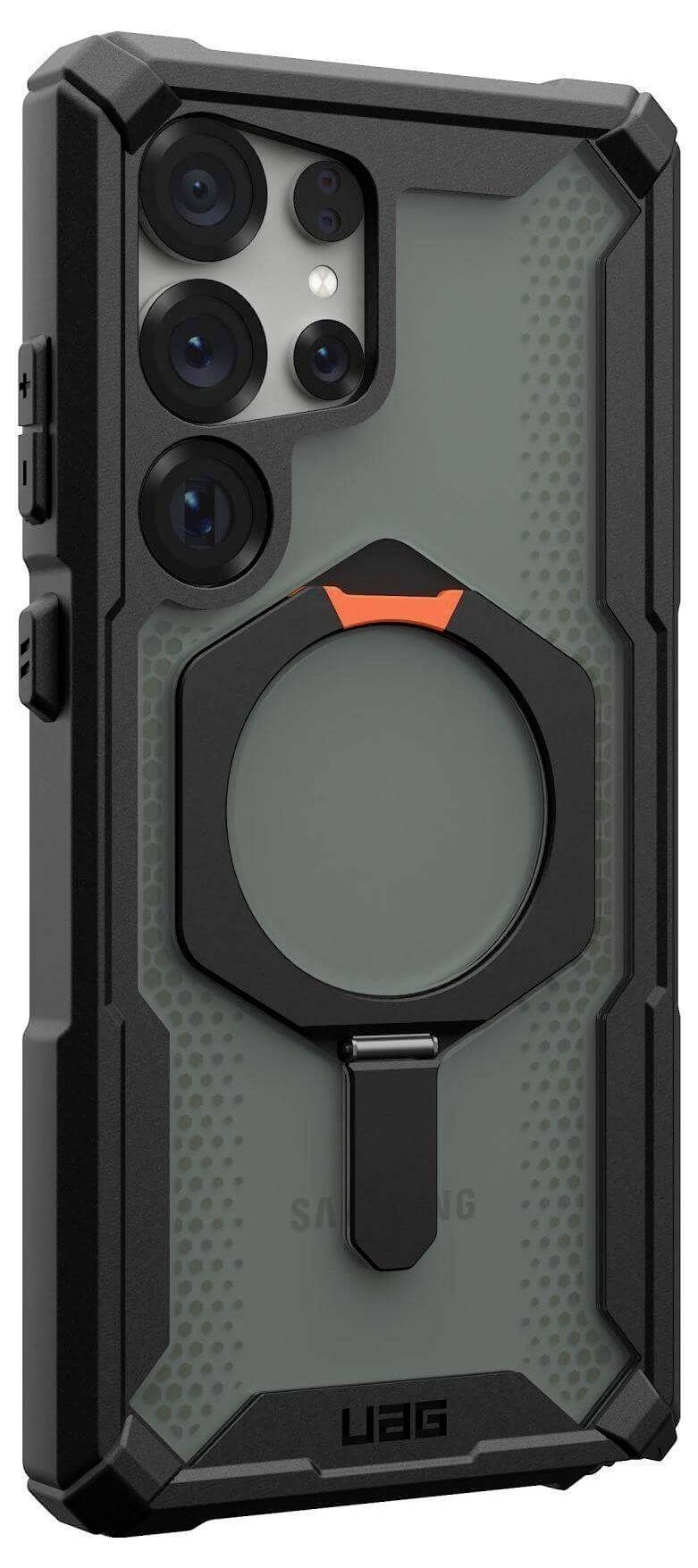 Ein schwarzes robustes Handy-Gehäuse mit integriertem Ringhalter, passend für ein Modell mit mehreren Kameralinsen.