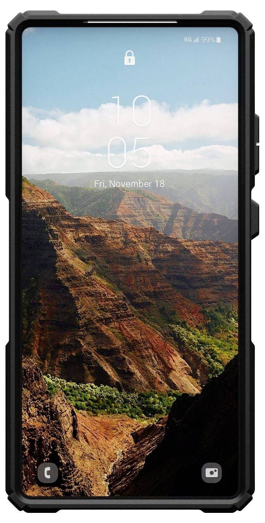 Ein Smartphone mit robustem Gehäuse zeigt einen Bergblick als Hintergrundbild. Oben sind Datum und Uhrzeit zu sehen: Freitag, 18. November, 10:05.