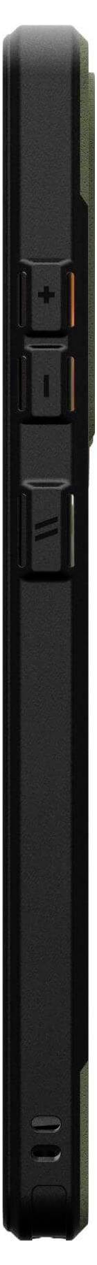 Schmale Seitenansicht eines schwarzen, schlanken Geräts mit mehreren Knöpfen, die stark hervortreten.