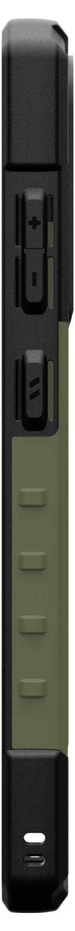 Ein schlankes, hochkantiges Gerät mit olivgrünem und schwarzem Gehäuse, das seitlich Bedienknöpfe und eine strukturierte Oberfläche zeigt.