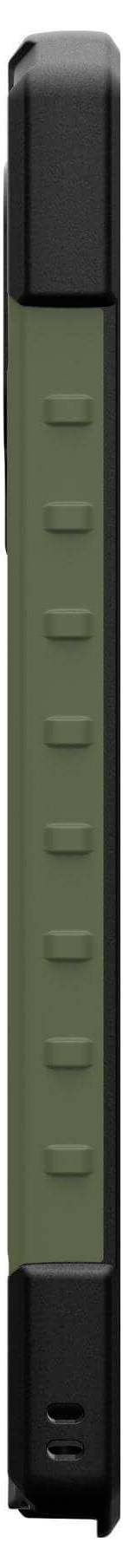 Ansicht eines schmalen, abgerundeten schwarzen und olivgrünen elektronischen Geräts mit seitlichen Tasten.