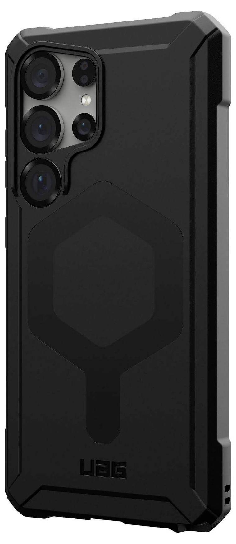 Schwarze, robuste Handyhülle mit markantem Design und verstärkten Kanten, bietet Schutz für die Rückseite eines Smartphones.