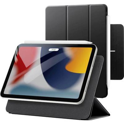 Ein Tablet mit Stift steht in einem schwarzen Etui aufrecht. Der Bildschirm zeigt eine unscharfe, bunte Grafik.