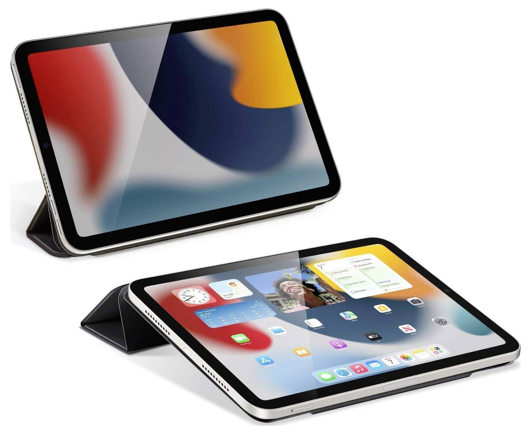 Zwei Tablets in schwarzer Hülle: Eines stehend, zeigt bunte Wellen. Zweites liegend, zeigt Apps und Uhrzeit. Schlichtes Design.