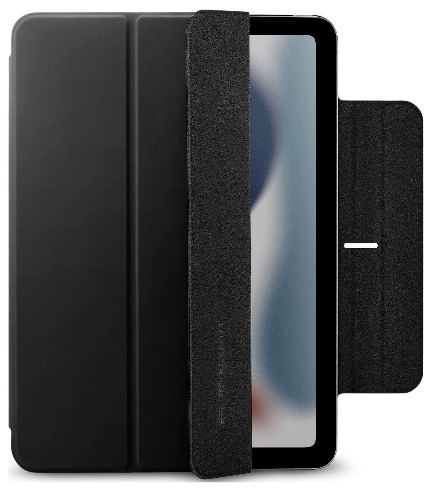 Schwarzes iPad-Hülle-Design mit dreifach gefalteter Vorderseite und sichtbarem iPad-Bildschirm.